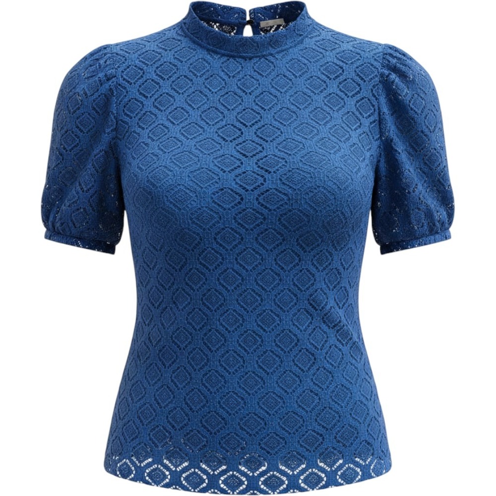 LOFT Royal Blue Geometric Lace Mock Neck Ruffle Trim Short Sleeve Blouse Small